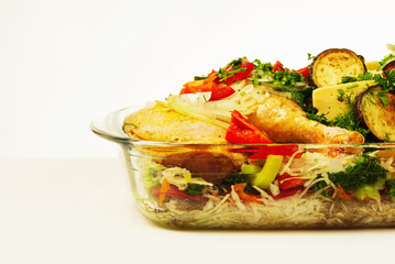 Prepared chicken for cooking with spices and vegetables