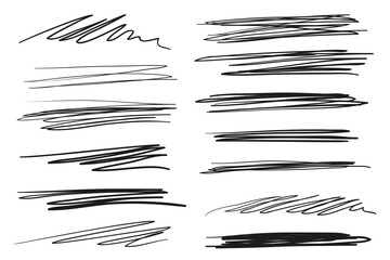 Hand drawn lettering underlines on white. Abstract backgrounds with array of lines. Stroke chaotic patterns. Black and white illustration. Sketchy elements for posters and flyers