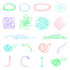 Colorful infographic elements isolated on white. Set of different indicator signs. Sketchy elements. Hand drawn frames and arrows. Abstract frameworks. Line art creative. Colored illustration