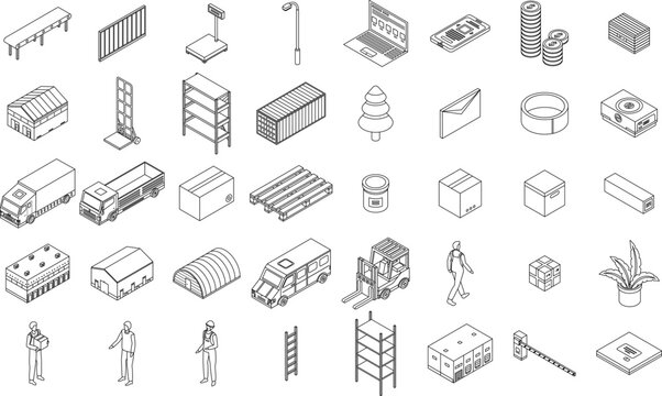 Warehouse icons set. Isometric set of warehouse vector icons outline vector on white background