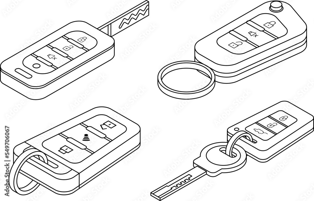 Poster car alarm system icons set. isometric set of car alarm system vector icons outline vector on white b
