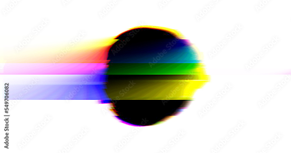 Poster multicolored glitched round geometric shape with noise, scanlines and screensclices on white backgro