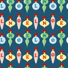 Seamless pattern of Christmas tree decoration ornaments in pastel colours, red ribbon and bow. Isolated background. Holiday design for decoration and celebration of winter, Christmas or New Year.