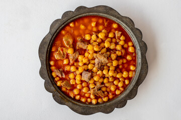 Traditional delicious Turkish foods; Turkish Food Chickpeas with Meat. Turkish name; Etli nohut