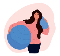 Young smiling girl holdingaerobic ball and a mat. International Fitness Day. Healthy lifestyle concept