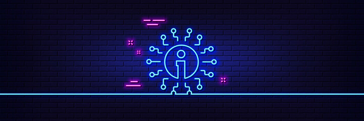 Neon light glow effect. Info line icon. Information center sign. Support system symbol. 3d line neon glow icon. Brick wall banner. Info outline. Vector