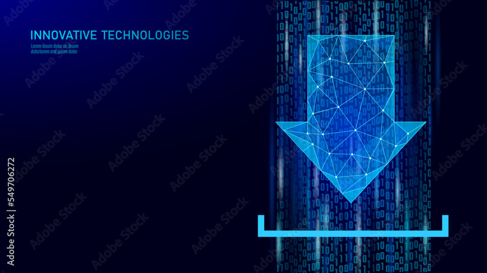 Poster download arrow low poly sign. blue triangle line symbol. mobile web online data storage download fil
