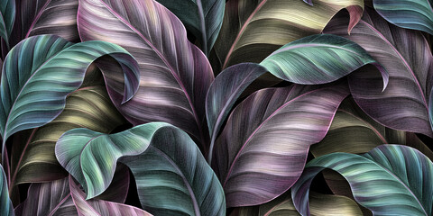 Shiny tropical leaves pastel colored in turquoise, mint, purple, pink rose, gold, blue. Watercolor 3d illustration, luxury wallpaper, premium high quality seamless mural, pattern. Digital art, tattoos - 549706215