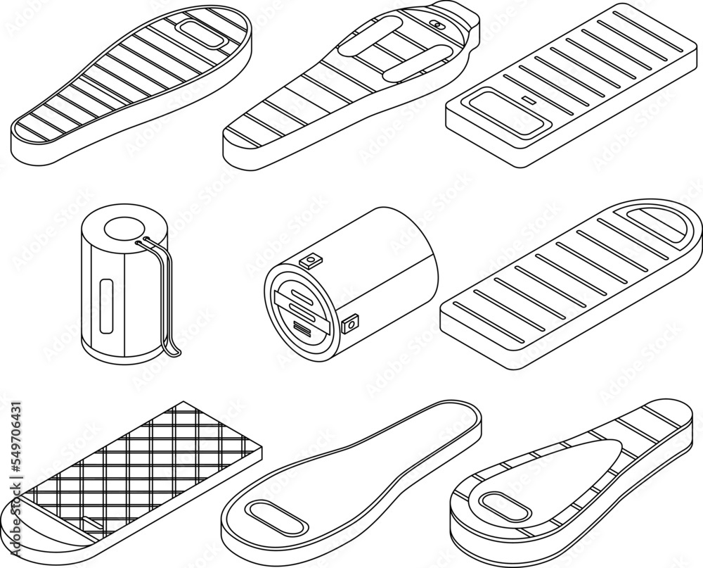 Poster sleeping bag icons set. isometric set of sleeping bag vector icons outline vector on white backgroun