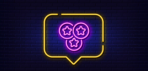 Neon light speech bubble. Stars line icon. Best ranking sign. Rating symbol. Neon light background. Stars glow line. Brick wall banner. Vector