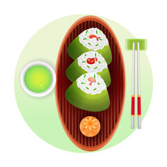 Japanese food, 3d illustration of rice balls and green tea