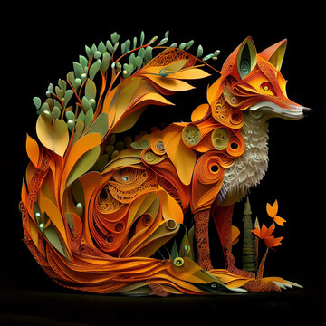 A fox hiding in bushes as paper quill art. Digitally generated