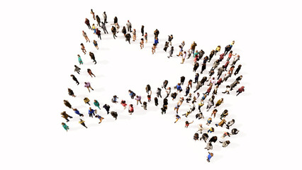 Concept conceptual large community of people forming the megaphone icon. 3d illustration metaphor for communication, audio announcement, broadcast, warning and marketing