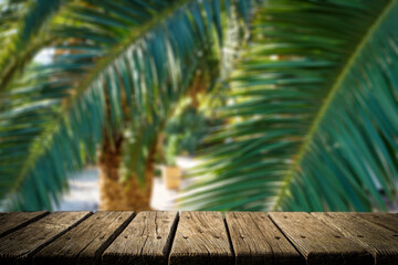 Jungle table background. Rustic wooden table against the backdrop of tropical plants, palms and...