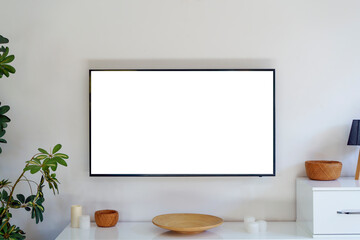 TV led mock up screen. Smart TV on a wall in an empty white interior living room.