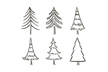 Obraz premium Christmas trees and Quote. Hand drawn set of spruce. Holidays background and Greetings card. Abstract doodle drawing woods, spruce. Vector sketch simple line illustration.
