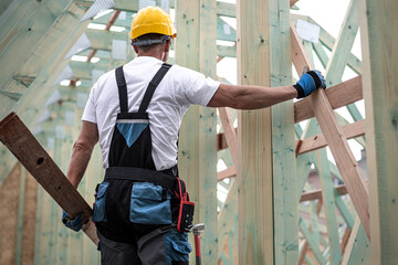 A carpenter with tool belt holds a wooden batten in his hand. He is working on wooden truss roof.