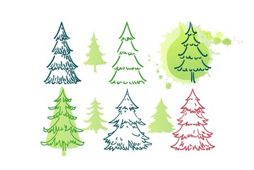 Obraz premium Christmas trees and Quote. Hand drawn set of spruce. Holidays background and Greetings card. Abstract doodle drawing woods, spruce. Vector sketch simple line illustration.