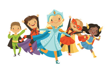 Kids heroes. children in superheroes costumes standing in action poses. Vector cartoon characters