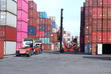 Container forklifts and trucks in the container yard