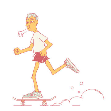 Elderly man riding a skateboard,old man riding a skateboard.He drives tired.Sports man.Side view. Stock vector illustration of an elderly man,pensioner leading an active lifestyle.Isolated background.