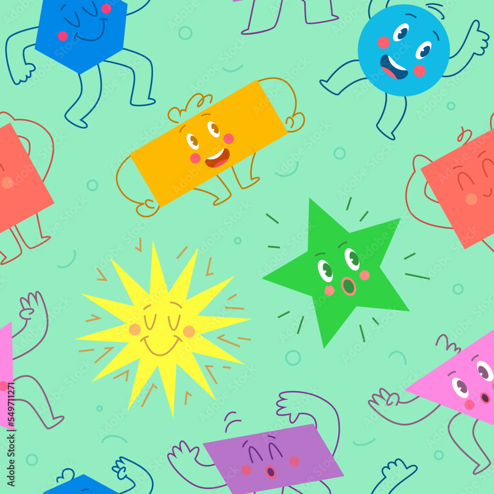 Poster geometric characters pattern. simple forms for textile design projects exact vector seamless backgro