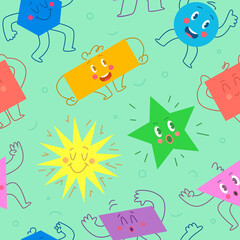 Geometric characters pattern. Simple forms for textile design projects exact vector seamless background in cartoon style