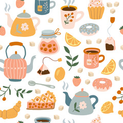 Utensils pattern. Tea time cozy items cups teapots and dishes illustrations for textile design projects recent vector seamless template