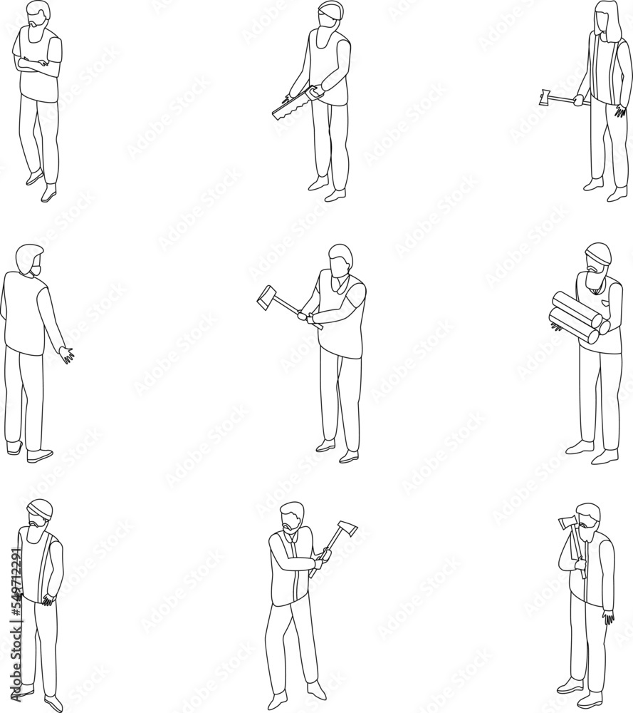 Poster lumberjack icons set. isometric set of lumberjack vector icons outline vector on white background