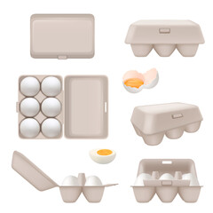 Eggs containers. Tray boxes for food eggs packages for retail decent vector set isolated