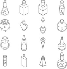 Potion icons set. Isometric set of potion vector icons outline vector on white background