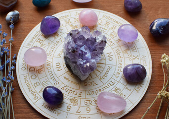 Gemstones for zodiac signs, amethysts and rose quartz on the zodiac chart. Predictions, witchcraft,...