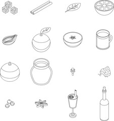 Mulled wine icons set. Isometric set of mulled wine vector icons outline vector on white background