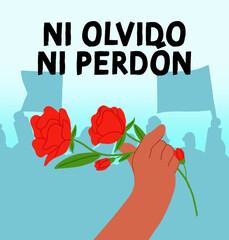 Mano con rosa roja en macha por Detenidos Desaparecidos en Chile - obrazy, fototapety, plakaty