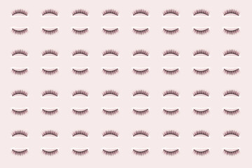 Follow eyelashes on pink background. Female cosmetics. Extension and lengthening of eyelashes. Pattern.