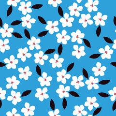 Cute floral pattern. Seamless vector texture. An elegant template for fashionable prints. Print with white flowers, black  leaves. blue background.