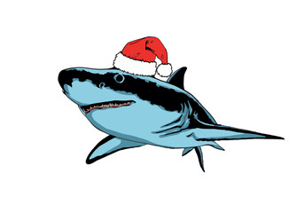 Graphical color shark in Santa Claus red hat on white isolated, blue magalodon. Vector illustration,marine life