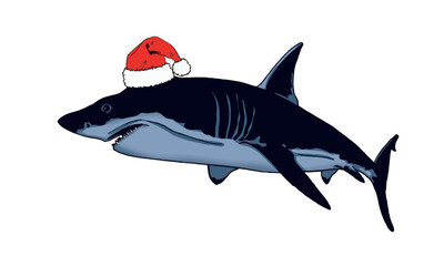 Graphical color shark in Santa Claus red hat on white isolated, blue magalodon. Vector illustration,marine life