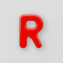 3D Red plastic uppercase letter R with a glossy surface on a gray background.