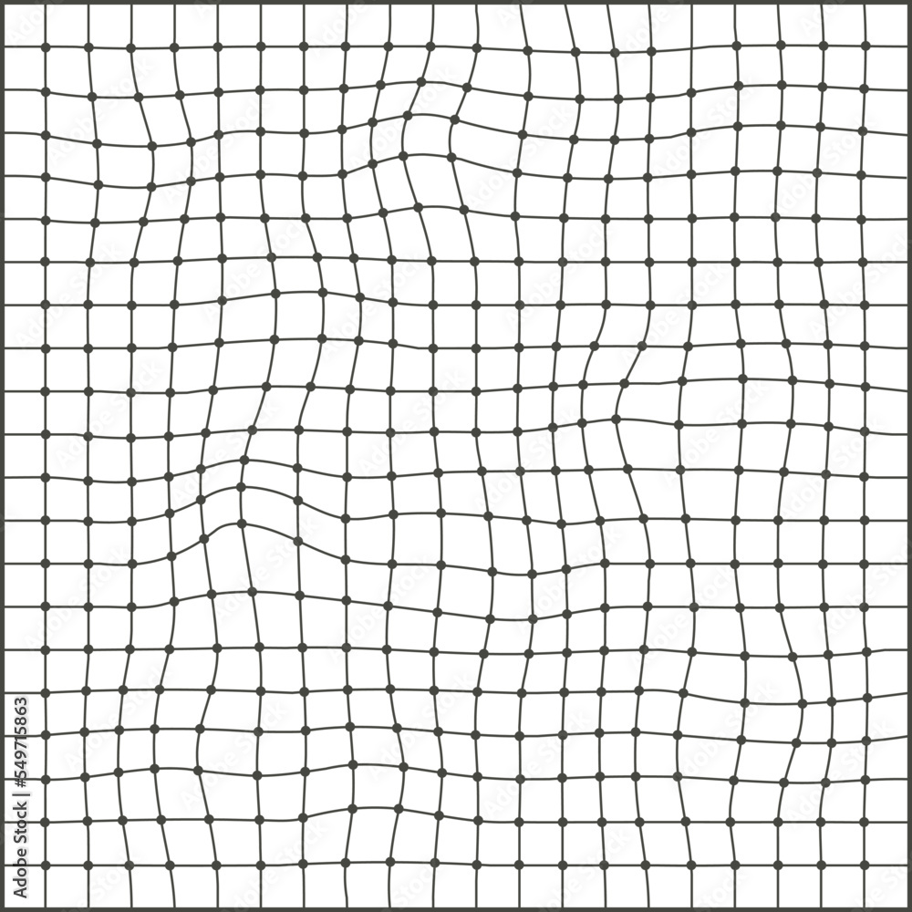 Poster simple deformed mesh, checkered technology background. abstract grid flowing with dots, decorative f