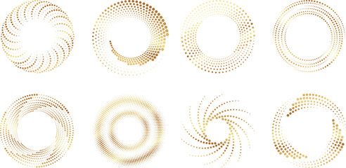 Golden dotted frames halftone design. Decorative frame circle shape. Gold abstract graphic elements, vector stylish luxury decor. Creative futuristic set