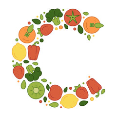 Vitamin C poster. Composition of foods rich in vitamin C in the shape of the letter. Vector illustration