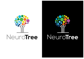 Neuro Tree logo concept, a human brain made out of colorful circles and connected to a tree trunk 