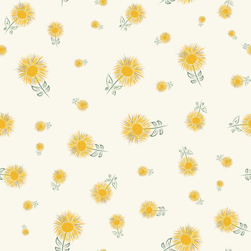 Inula flower seamless vector pattern background. Perennial cottage garden flowers yellow green backdrop. Giant Fleabane painterly scattered design. Maximalist cottagecore for summer, packaging