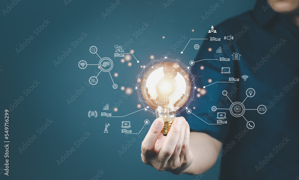 Poster man holding light bulb searching technology future digital world strategy, digitization and business