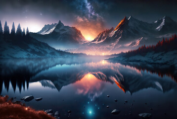 Sunset over the lake. Fantasy winter forest landscape. Digital art