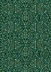 Hand-drawn unique abstract symmetrical seamless gold ornament on a dark cold green background. Paper texture. Digital artwork, A4. (pattern: p06e)