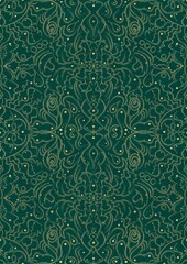 Hand-drawn unique abstract symmetrical seamless gold ornament on a dark cold green background. Paper texture. Digital artwork, A4. (pattern: p07-2d)