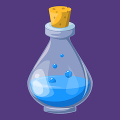 Blue potion game icon vector isolated. Illustration of a glass bottle with blue liquid inside. Alchemy concept. Magic elixir.