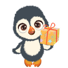 Fototapeta premium Cute penguin with gift drawn in cartoon style
